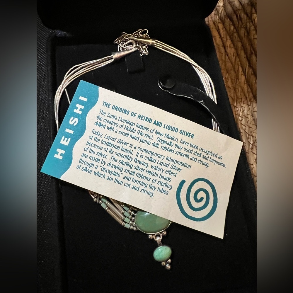 Sterling Liquid Silver Heshi Green Turquoise 5 Strand Necklace in box - Picture 6 of 11
